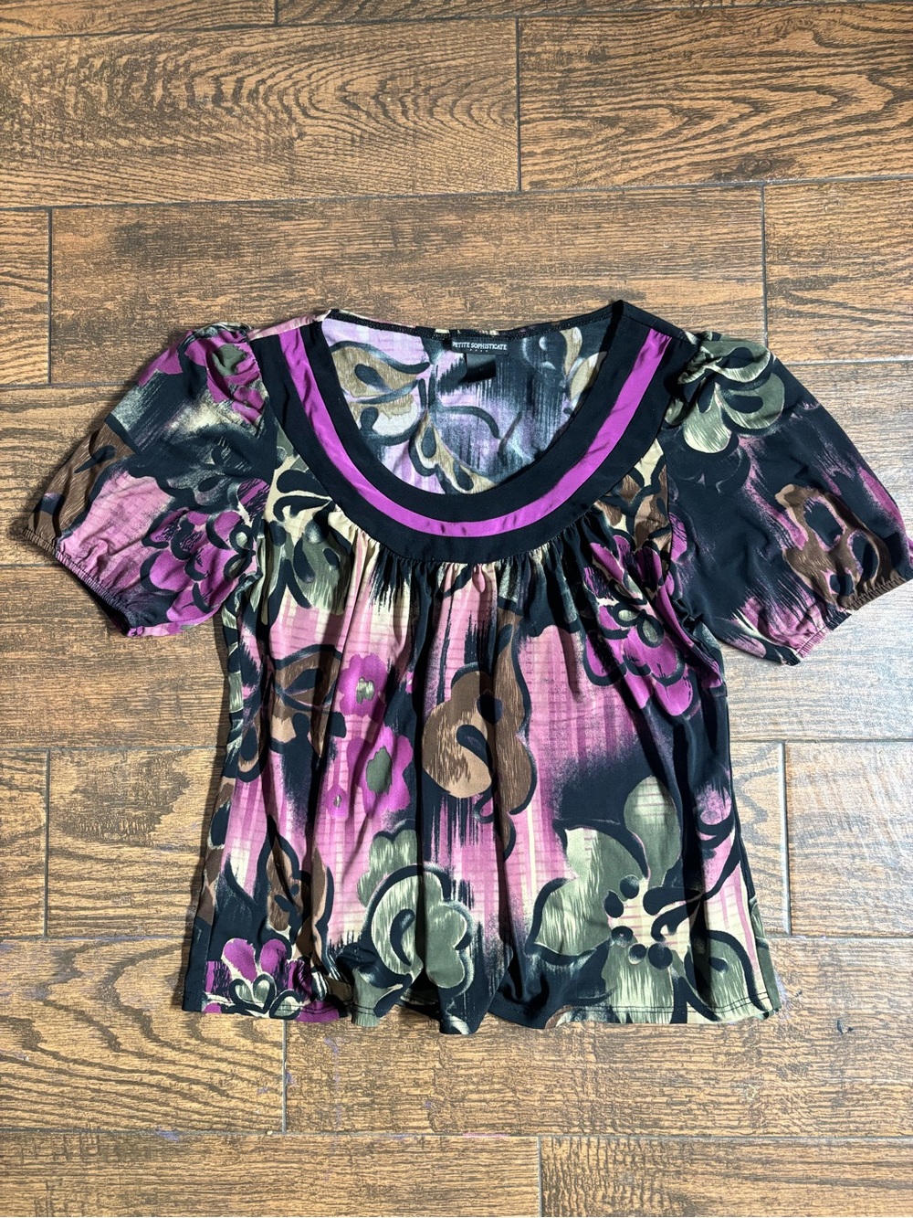 Petite Sophisticate Black Scoop-Neck Floral Top with Purple Accents